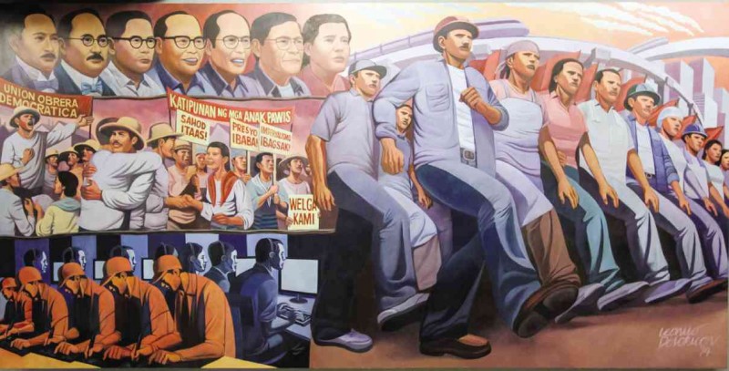 “March of Labor in the Philippines” by Neil Doloricon, one of the 30 paintings at SiningSaysay art exhibit about Philippine history at Gallery Mall in Cubao, Quezon City. LEO M. SABANGAN II