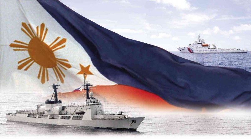 BEEFING UP PH MARITIME DEFENSE The Philippine Navy’s newly acquired frigate, BRP Ramon Alcaraz (foreground), is part of the modernization program of the Navy. It will be used to patrol the nation’s waters, including the West Philippine Sea. Above right is a Chinese vessel at the contested Spratly group of islands. AFP/AP/PHILIPPINE NAVY/EDWIN BACASMAS