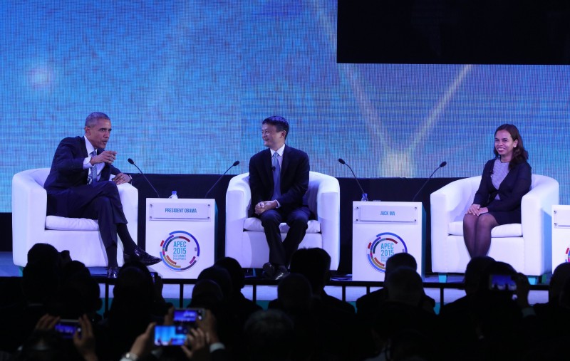 NOVEMBER 18, 2015 U.S. President Barack Obama, left, and Filipina scientist Aisa Mijeno, right, listen as Alibaba founder Jack Ma, center, speaks during a discussion at the CEO Summit, attended by 800 business leaders from around the region representing U.S. and Asia-Pacific companies, in Manila, Philippines, Wednesday, Nov. 18, 2015, ahead of the start of the Asia-Pacific Economic Cooperation summit.  (REY S. BANIQUET)