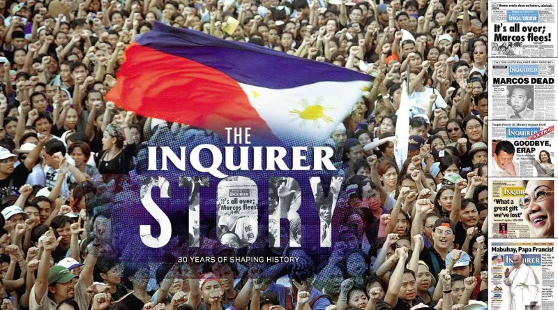 PAPER POWER  The cover of the 30th anniversary book “The Inquirer Story: 30 Years of Shaping History” celebrated people power from both Edsa I and II. On the right are five of the most memorable Inquirer front pages over the last 30 years. BOOK COVER DESIGN:  RICARDO VELARDE / LYNETT VILLARIBA