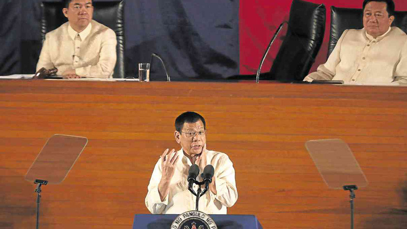 President Duterte delivers his first State of the Nation Address. Mr. Duterte, Senate President Aquilino Pimentel III (top left) and Speaker Pantaleon Alvarez—the country’s top three elected officials—are all from Mindanao, a first in the country’s history. JOAN BONDOC