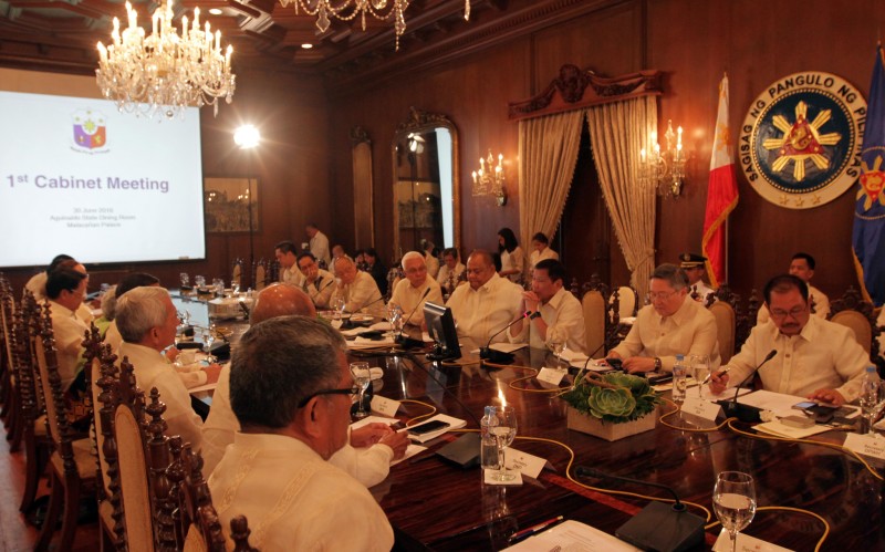 President Rodrigo Roa Duterte holds his first Cabinet meeting being held at the Aguinaldo State Dining Room of the Malacañan Palace. The agenda focuses on disaster risk reduction and management status of the country. MALACAÑANG POOL PHOTO