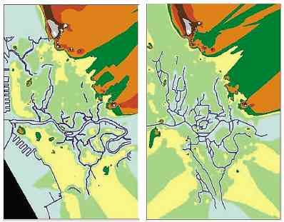 DENSITYOF ESTERO NETWORKS Density in 2000 (left) and in 1890 (right) inManila. Images not to scale. SOURCE: “A STUDYON MODELING MANILA’S ESTERO NETWORKS.” (LISTANCO)