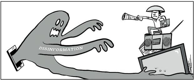 Editorial cartoon for: The perils of disinformation