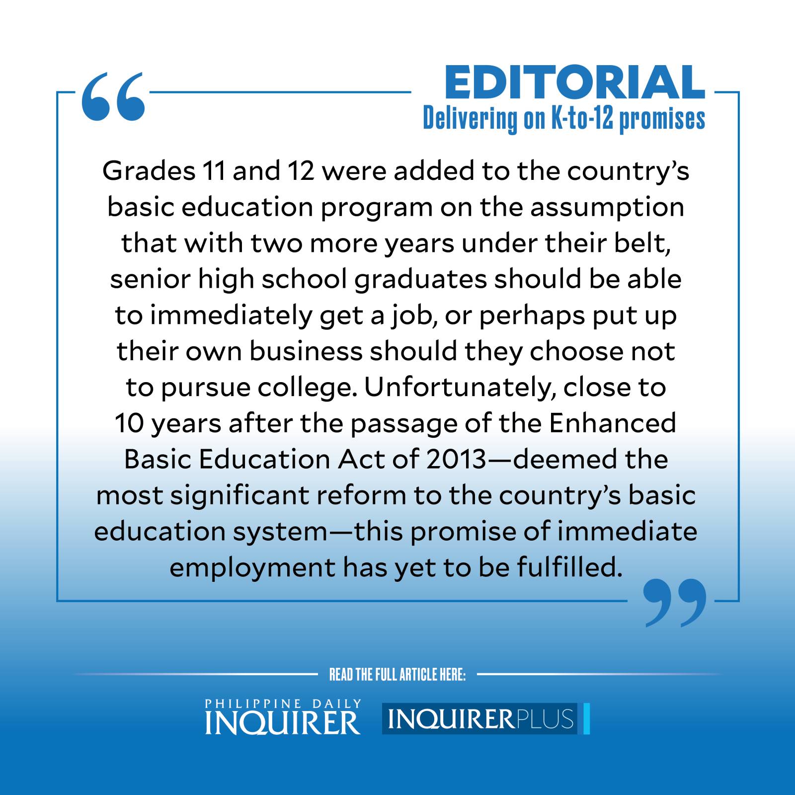 Delivering On K to 12 Promises Inquirer Opinion