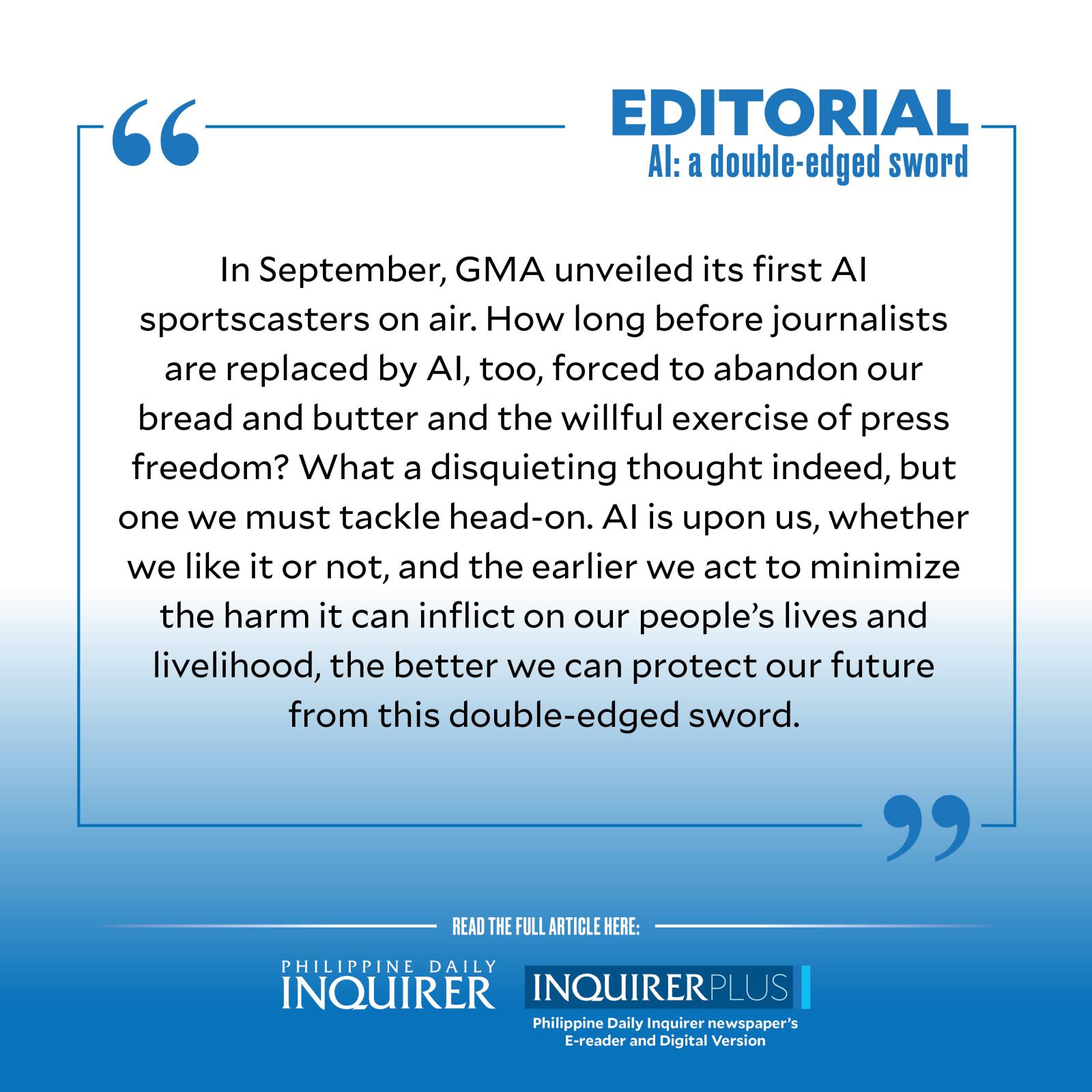 QUOTE CARD FOR EDITORIAL: AI a double-edged sword