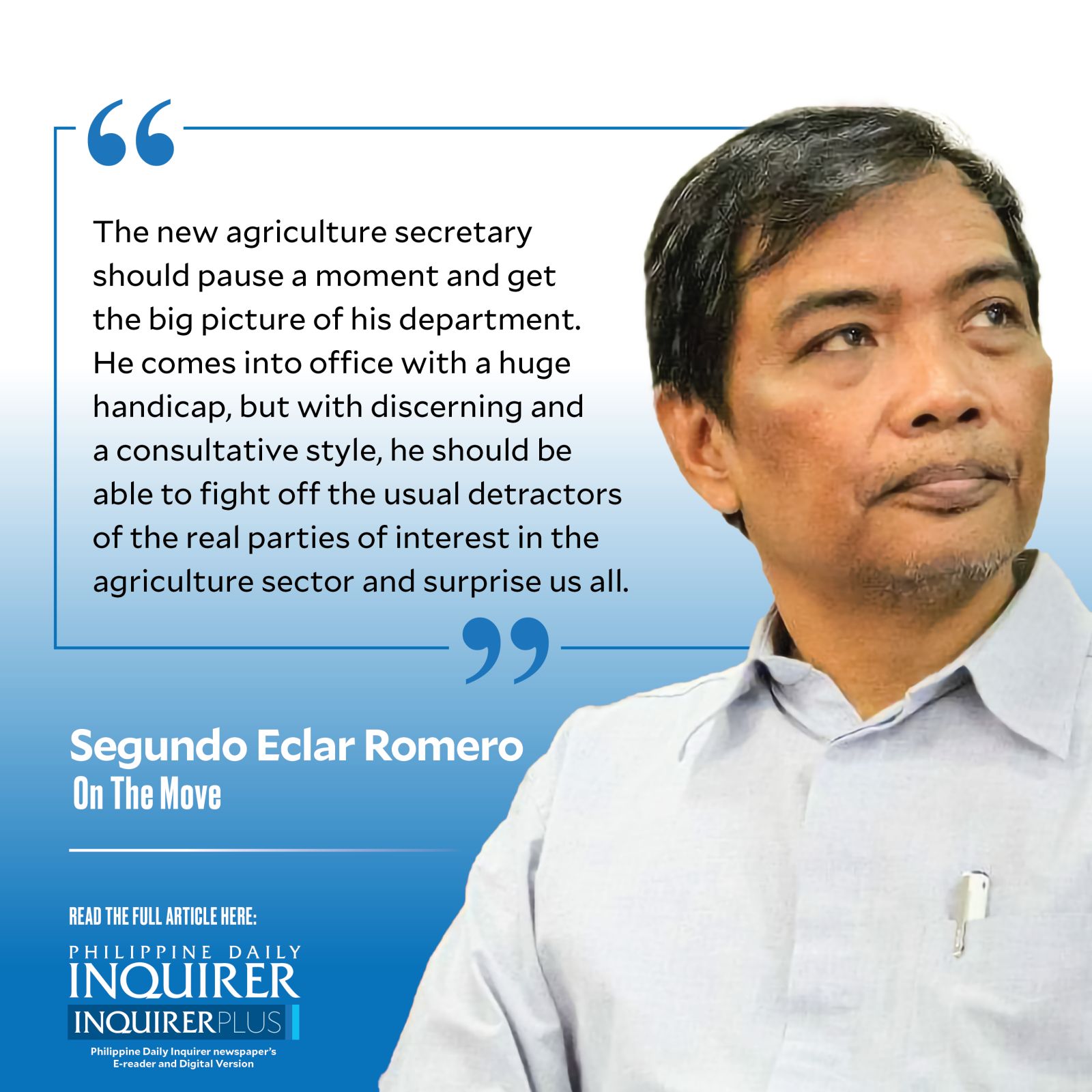 QUOTE CARD FOR ON THE MOVE: Challenges of being agriculture secretary