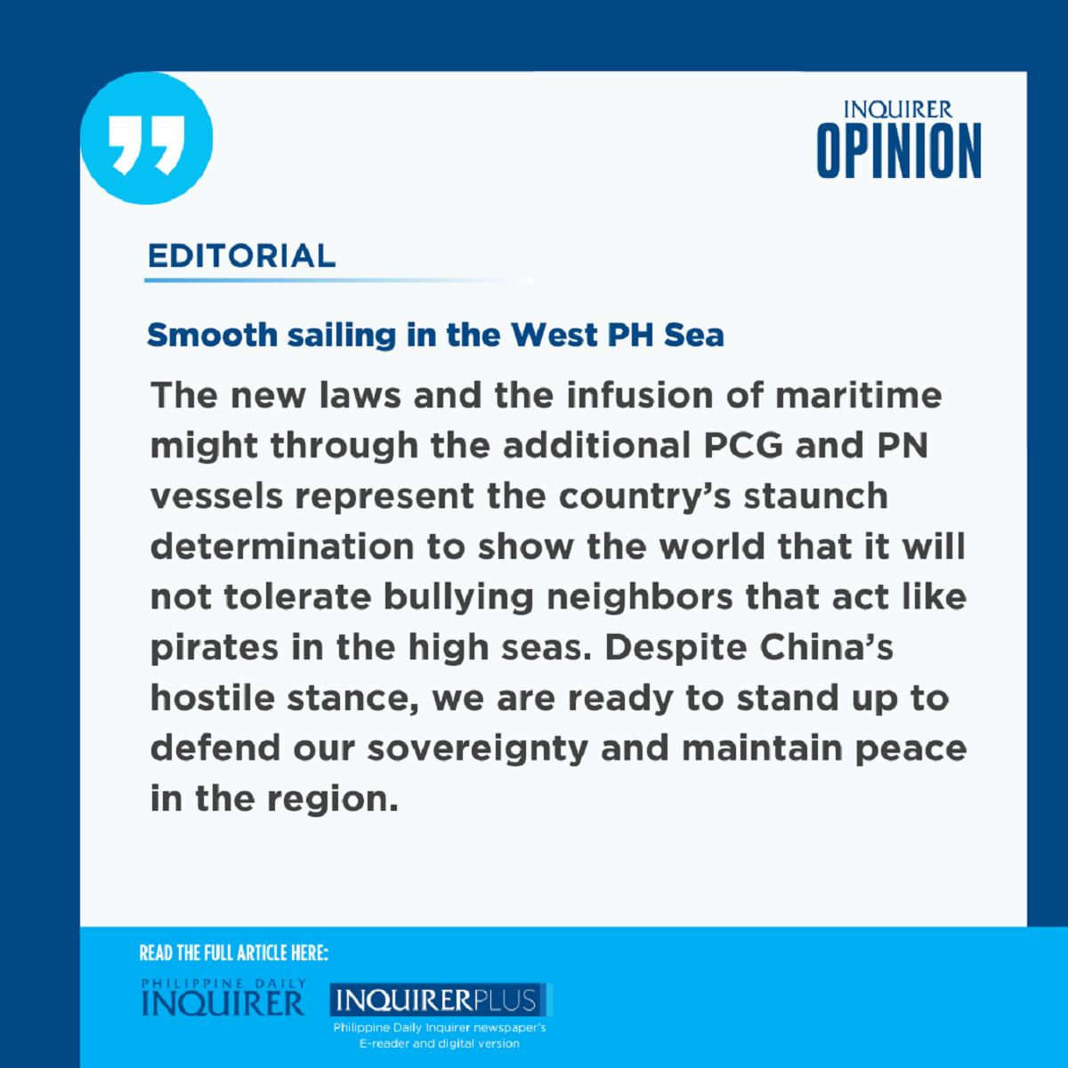 Smooth sailing in the West PH Sea